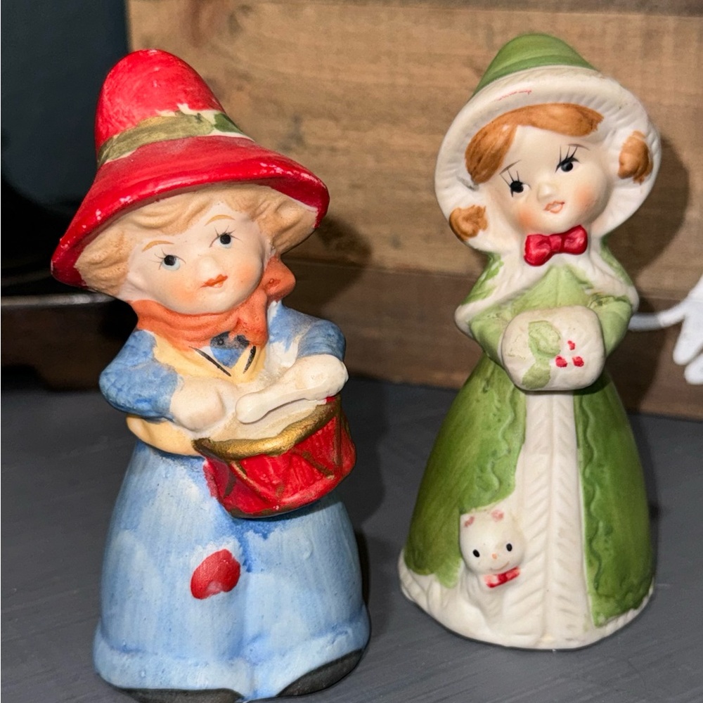 MERRIBELLS by Jasco Set of 2 1978 Holiday Porcelain Girl Figurine Bells Vintage